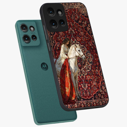 Royal Rider Tapestry Glass Case displayed in angled mockup highlighting traditional tapestry design with royal heritage aesthetic.