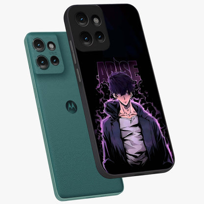 Shadow Monarch Awakening Glass Case displayed in angled mockup highlighting dramatic shadow warrior design with fantasy aesthetic.