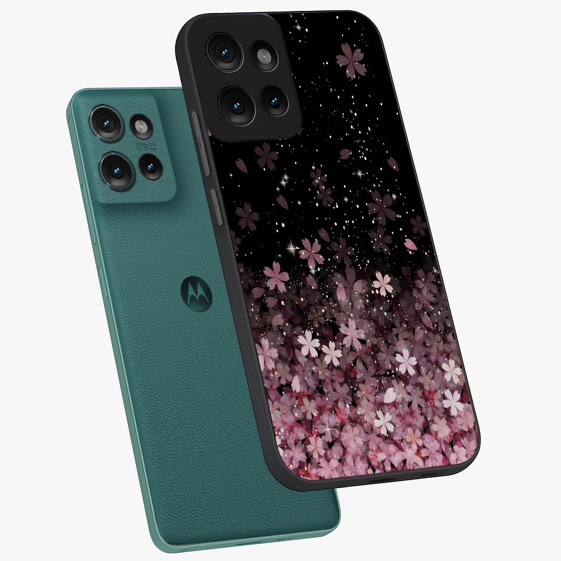 Small Starry Flowers Glass Case displayed in angled mockup highlighting tiny flower pattern with celestial aesthetic style.