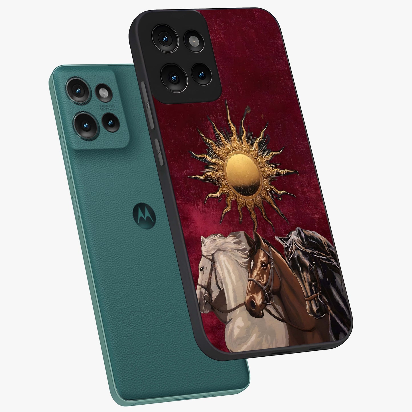 Solar Riders Glass Case displayed in angled mockup highlighting powerful rider illustration with radiant solar aesthetic.