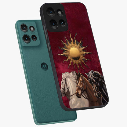 Solar Riders Glass Case displayed in angled mockup highlighting powerful rider illustration with radiant solar aesthetic.