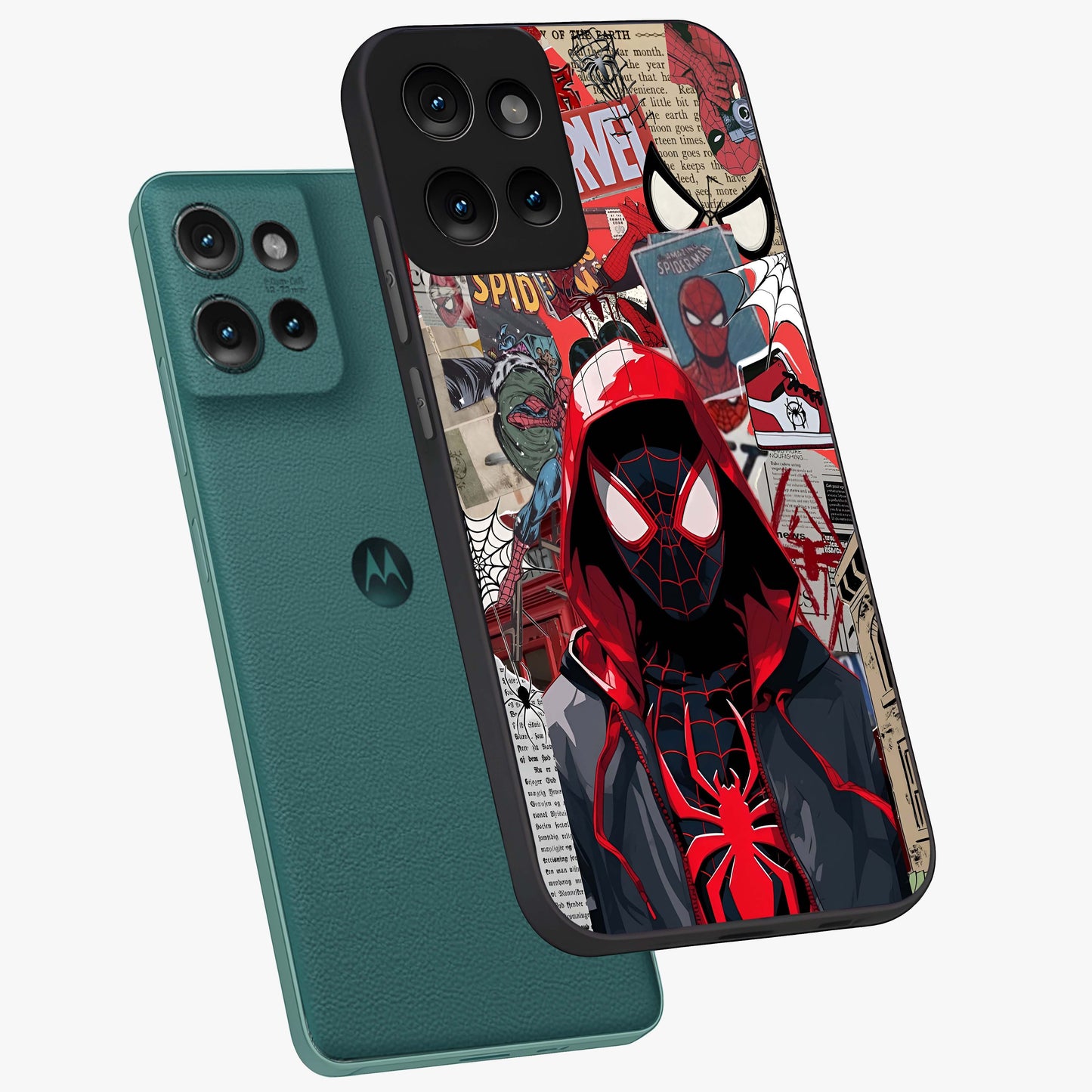 Spider Collage Street Glass Case displayed in angled mockup highlighting dynamic street style collage design with comic aesthetic.