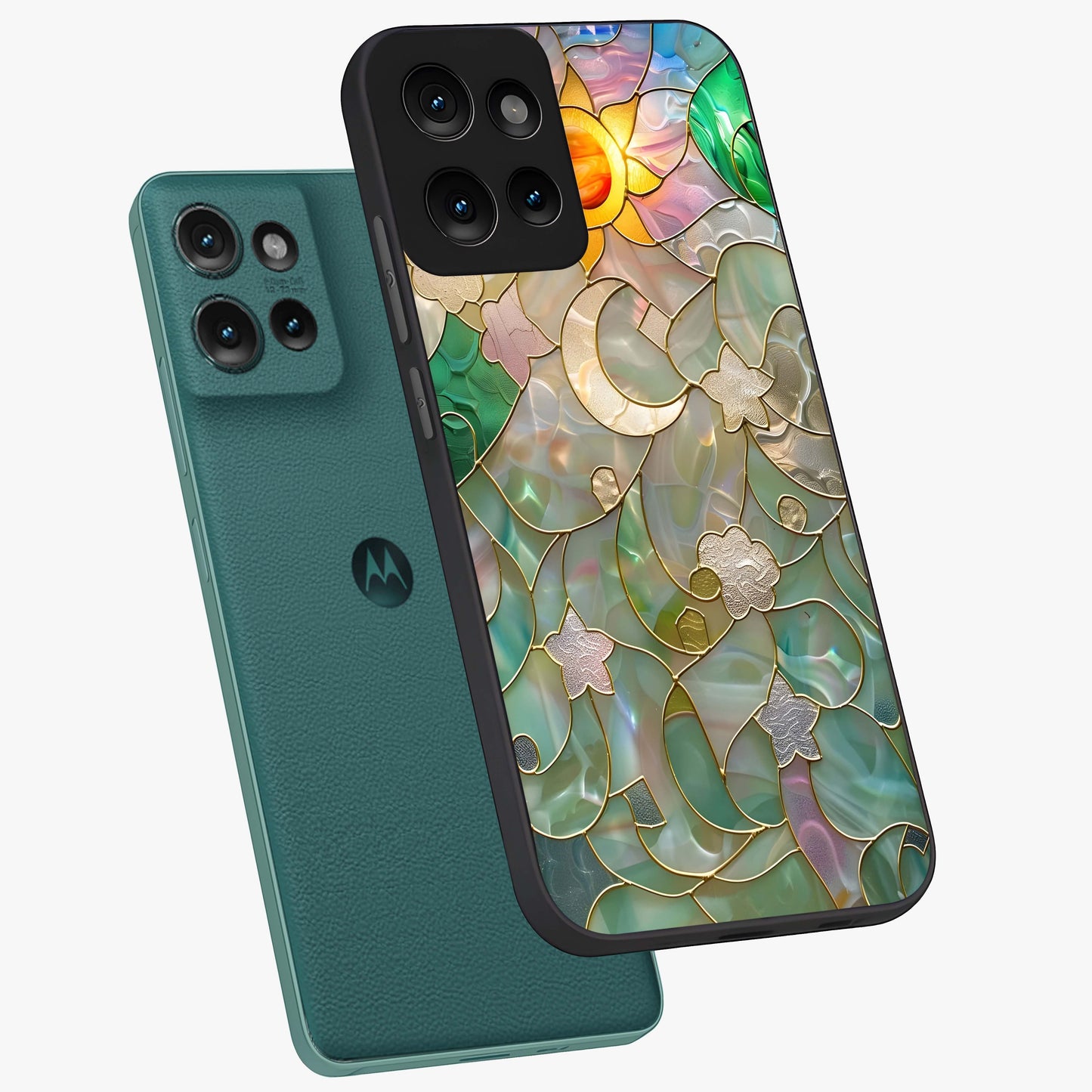 Stained Sunrise Glow Glass Case displayed in angled mockup highlighting radiant sunrise design with artistic aesthetic style.