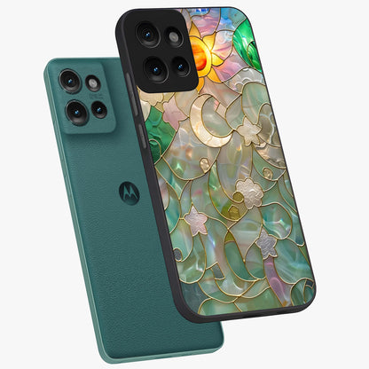Stained Sunrise Glow Glass Case displayed in angled mockup highlighting radiant sunrise design with artistic aesthetic style.