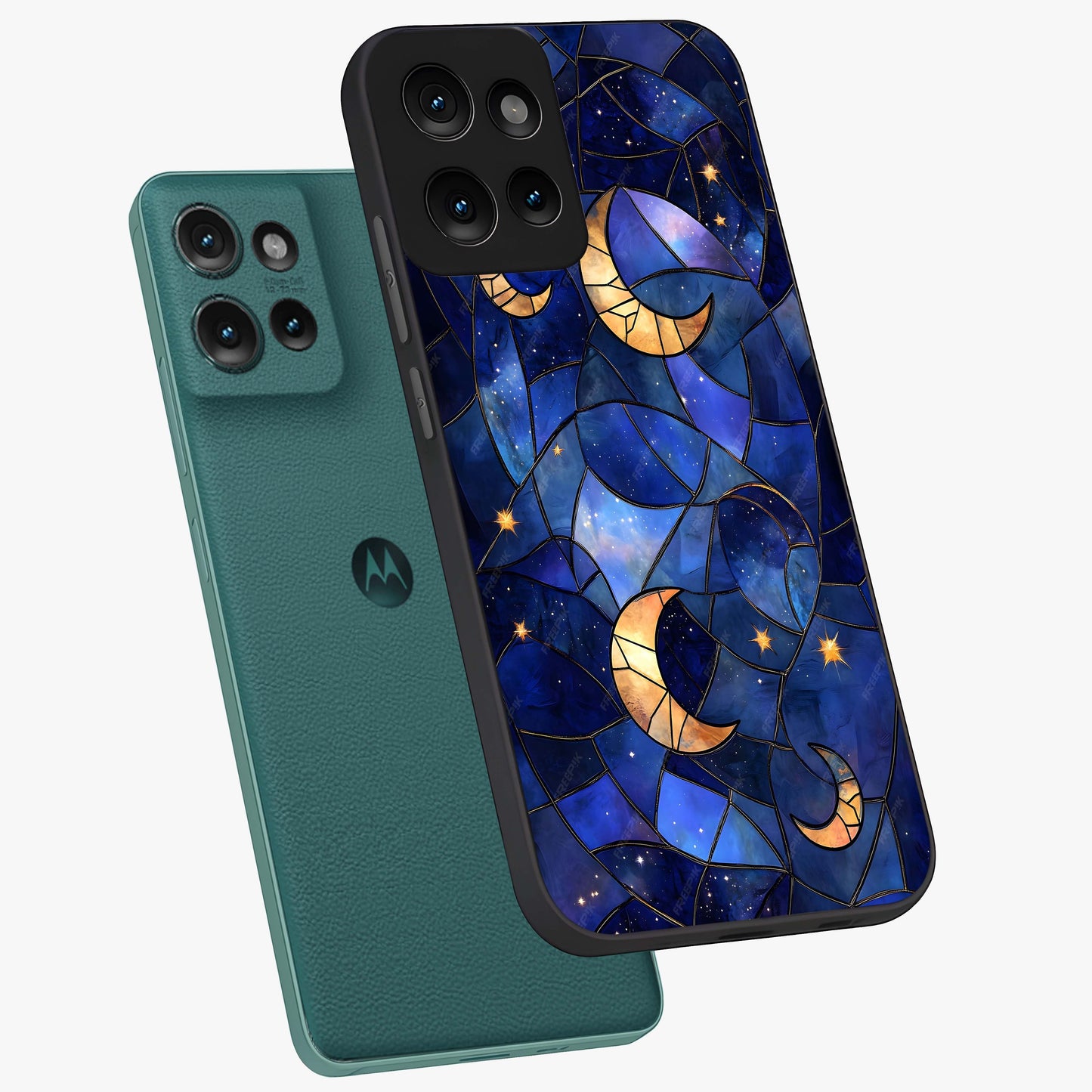 Starlit Sky Tapestry Glass Case displayed in angled mockup highlighting celestial night pattern with artistic aesthetic style.