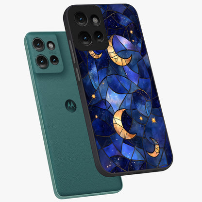 Starlit Sky Tapestry Glass Case displayed in angled mockup highlighting celestial night pattern with artistic aesthetic style.