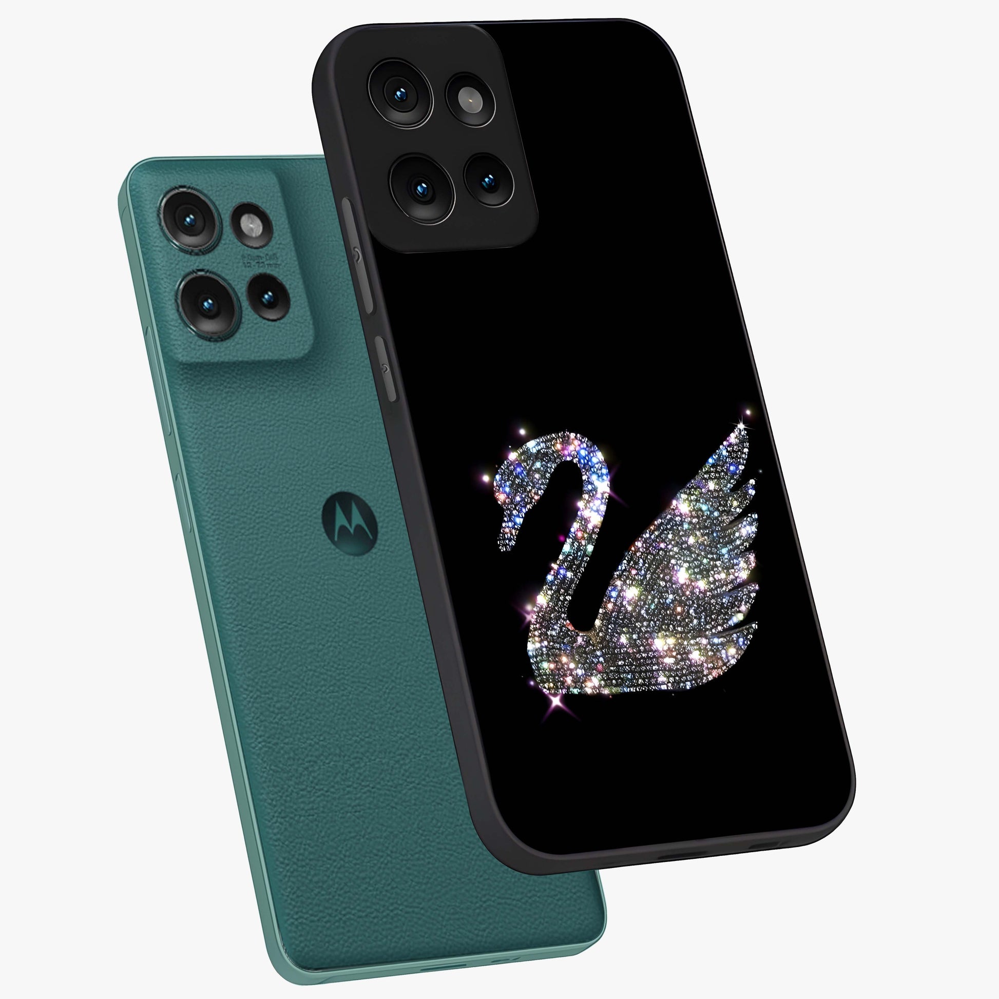 Starlit Swan Grace Glass Case displayed in angled mockup highlighting elegant swan illustration with dreamy celestial aesthetic.