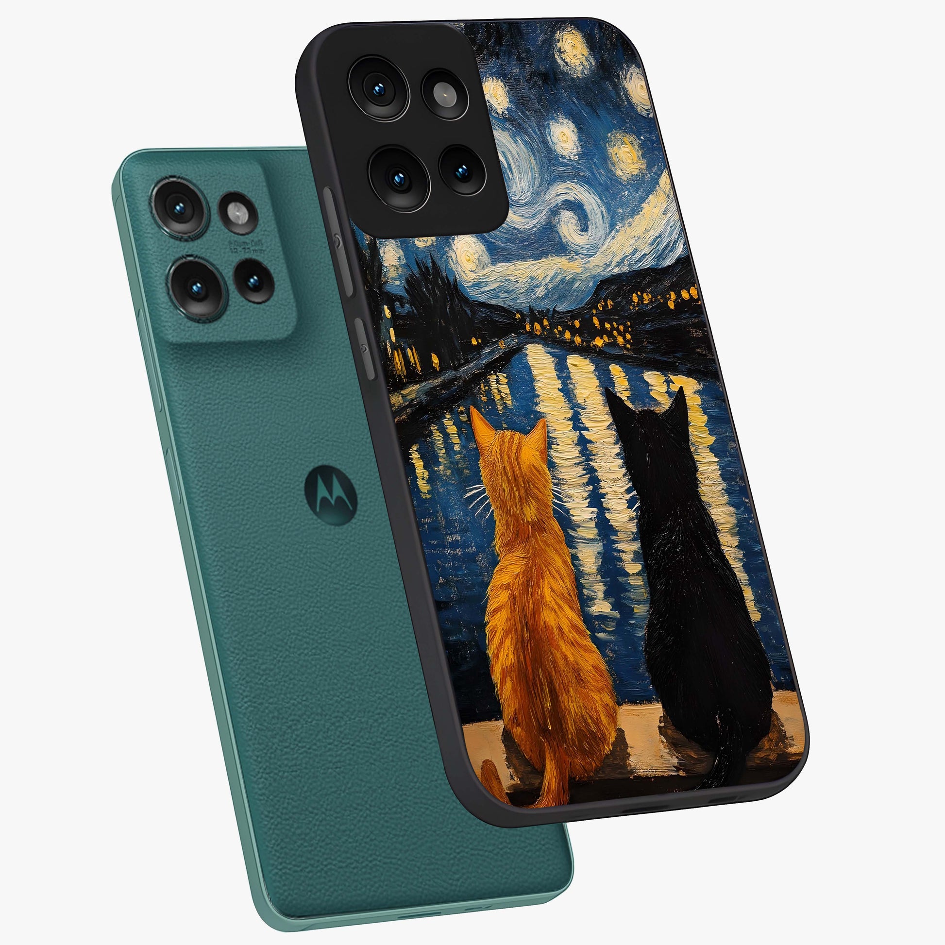 Starry River Cats Glass Case displayed in angled mockup highlighting charming feline illustration with dreamy night aesthetic.