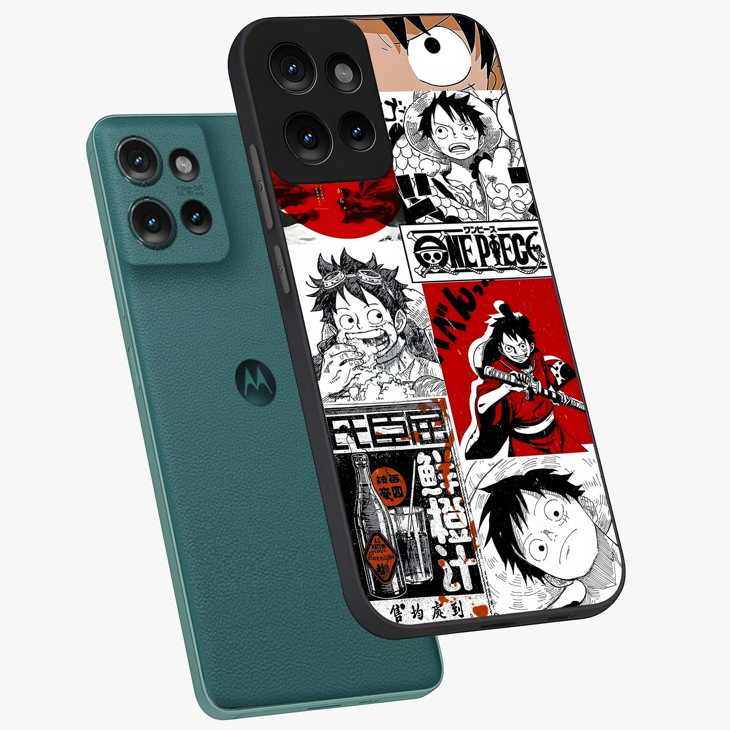 Strawhat Chaos Panels Glass Case displayed in angled mockup highlighting vibrant anime collage design with action aesthetic.