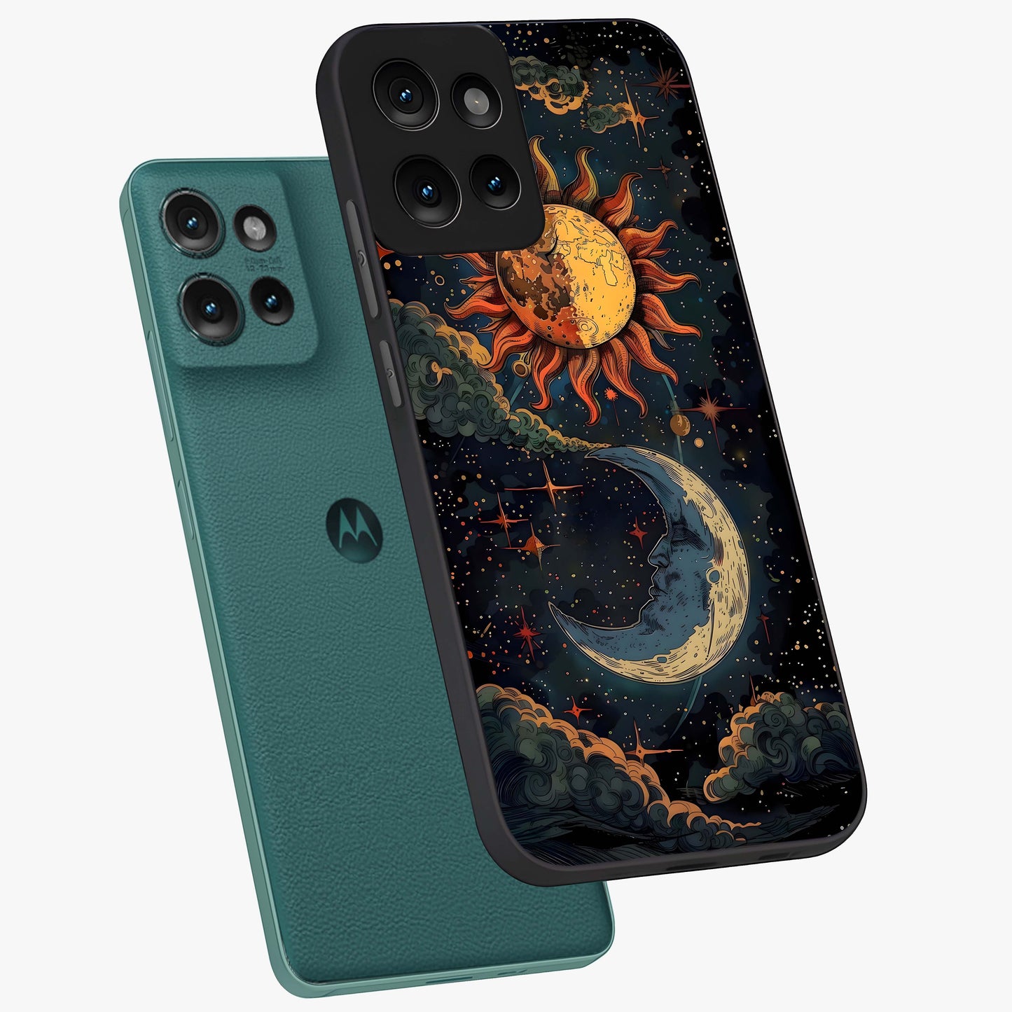 Sun And Moon Magic Design Glass Case displayed in angled mockup highlighting celestial design with magical cosmic aesthetic.