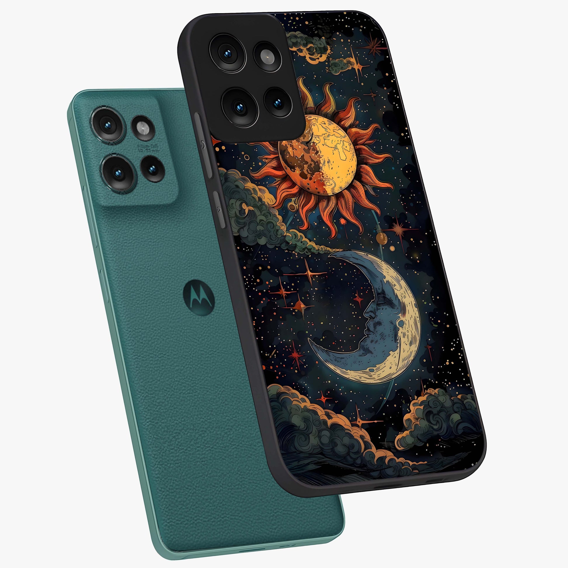 Sun And Moon Magic Design Glass Case displayed in angled mockup highlighting celestial design with magical cosmic aesthetic.