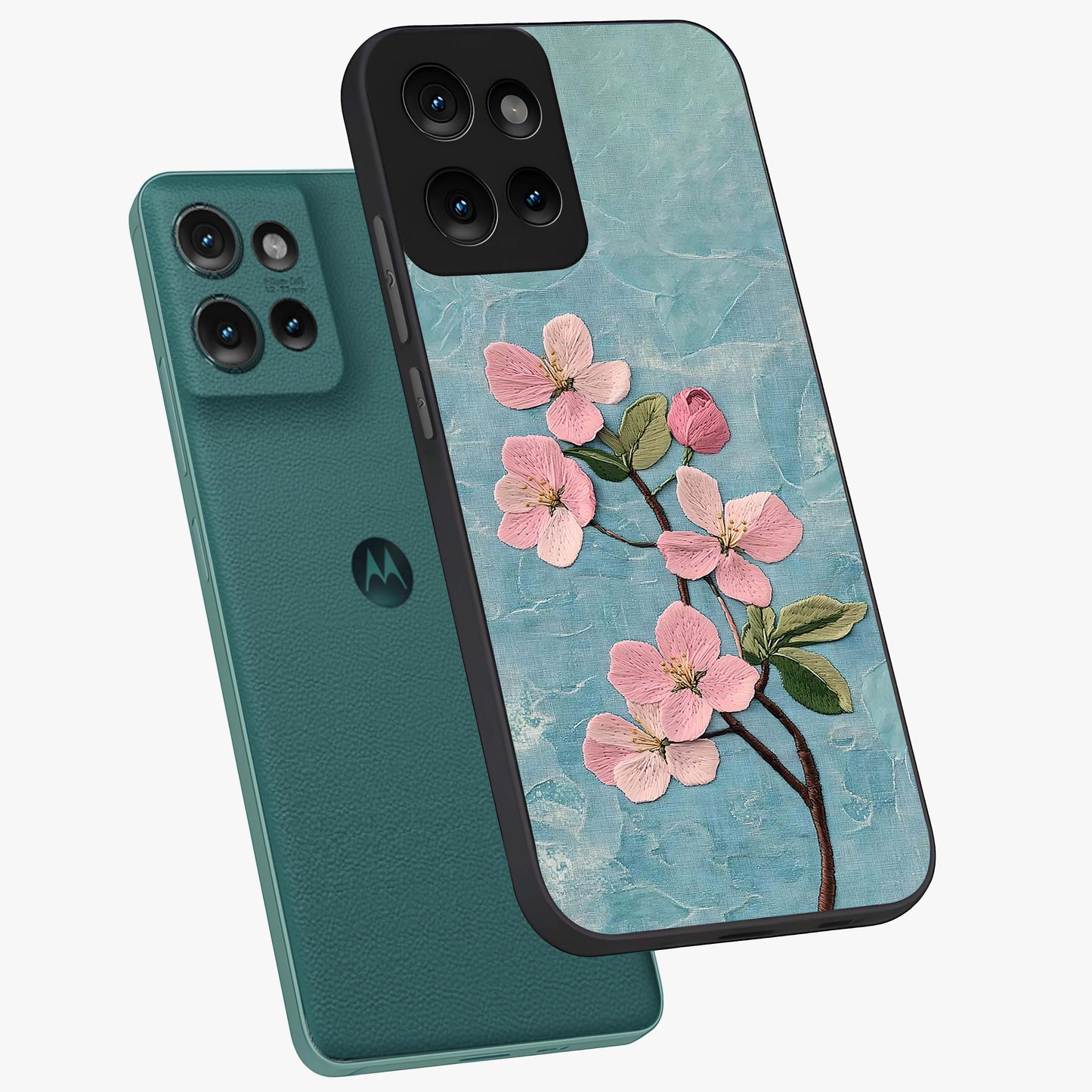 Threaded Blossom Breeze Glass Case displayed in angled mockup highlighting elegant floral design with soft aesthetic style.