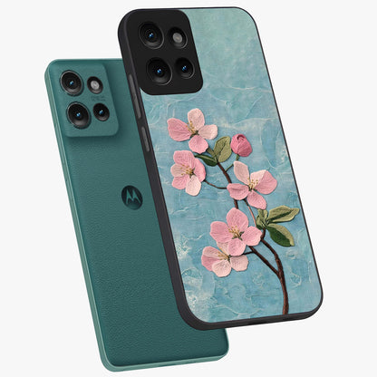 Threaded Blossom Breeze Glass Case displayed in angled mockup highlighting elegant floral design with soft aesthetic style.