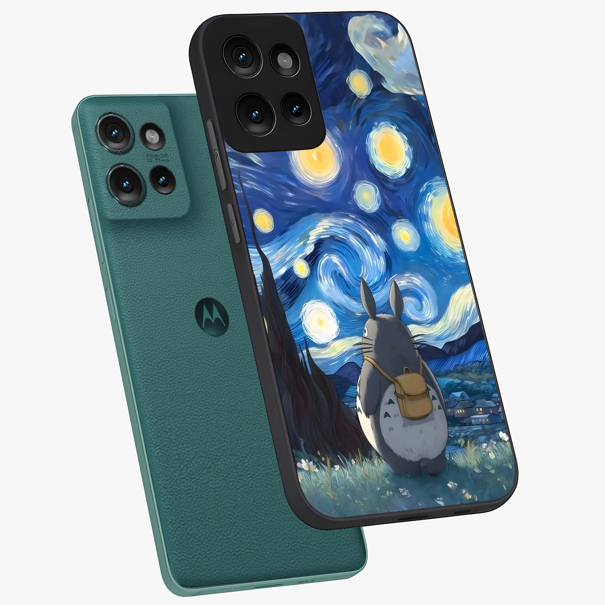 Totoro In Van Gogh Art Glass Case displayed in angled mockup highlighting artistic swirling sky design with playful animation aesthetic.