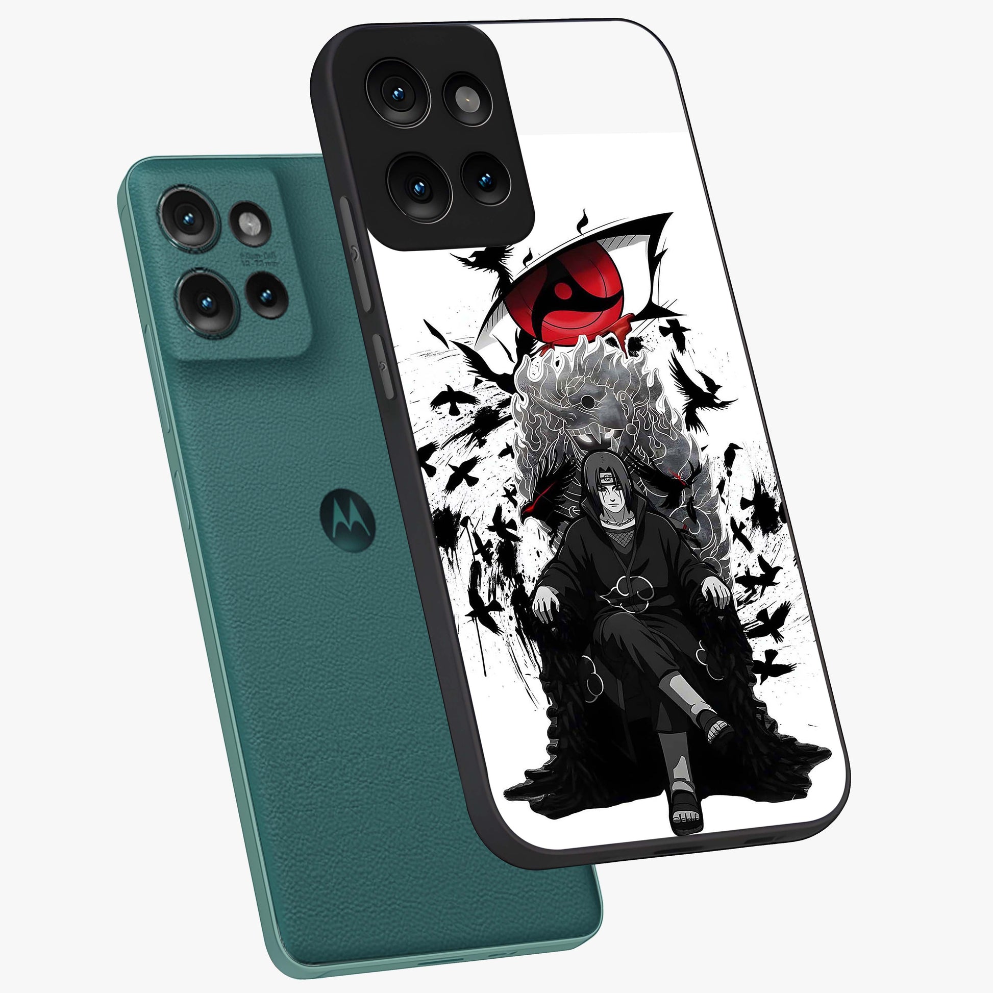 Uchiha Shadow Throne Glass Case displayed in angled mockup highlighting glowing aquatic design with celestial aesthetic.