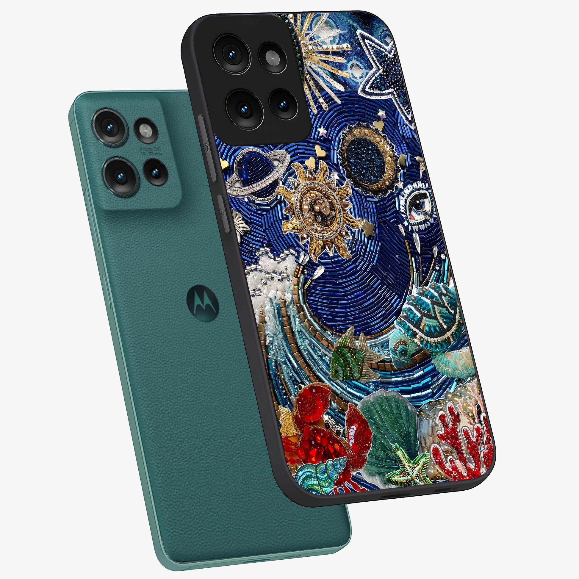 Universe Underwater Spark Glass Case displayed in angled mockup highlighting glowing aquatic design with celestial aesthetic.