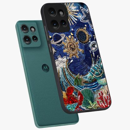 Universe Underwater Spark Glass Case displayed in angled mockup highlighting glowing aquatic design with celestial aesthetic.
