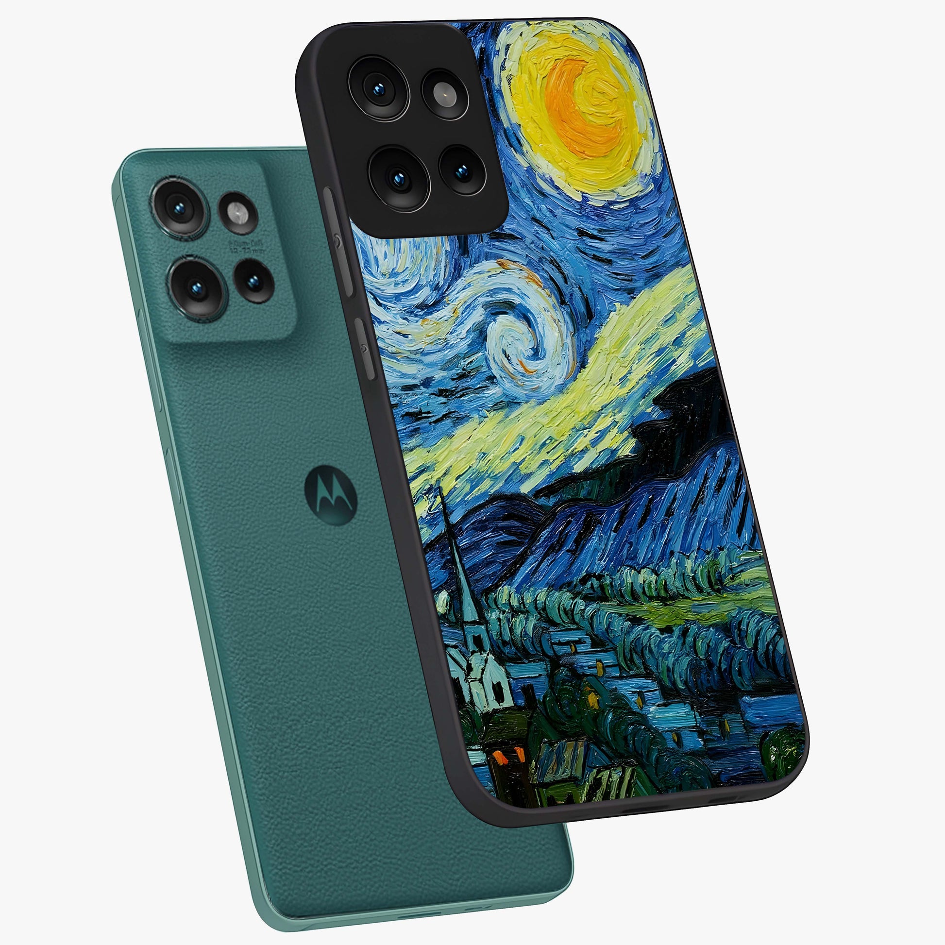 Van Gogh Art Glass Case displayed in angled mockup highlighting swirling brushstroke design with artistic aesthetic.