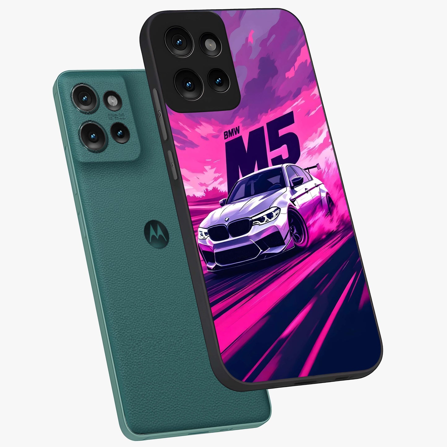 Velocity Drift Pulse Glass Case displayed in angled mockup highlighting dynamic drift design with sporty automotive aesthetic.