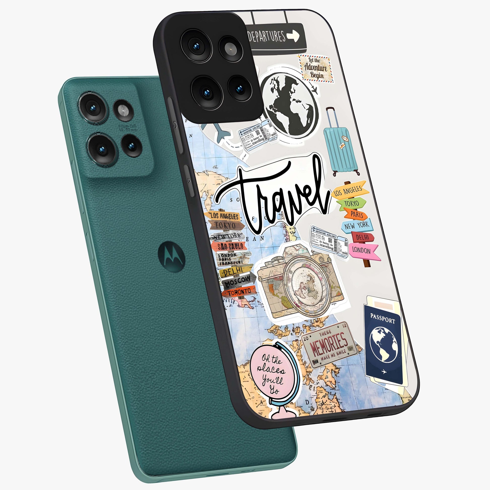 Wanderlust Journal Glass Case displayed in angled mockup highlighting adventure themed design with aesthetic travel vibe.