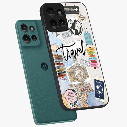 Wanderlust Journal Glass Case displayed in angled mockup highlighting adventure themed design with aesthetic travel vibe.