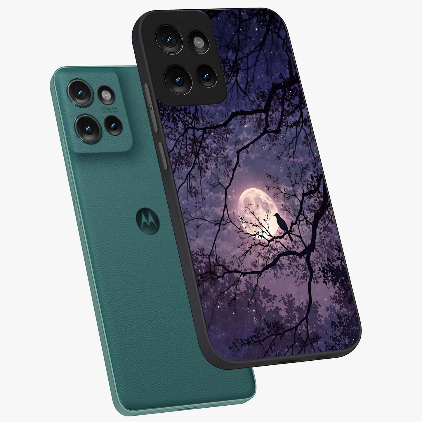 Whispering Moon Silence Glass Case displayed in angled mockup highlighting calm lunar design with dreamy night aesthetic.