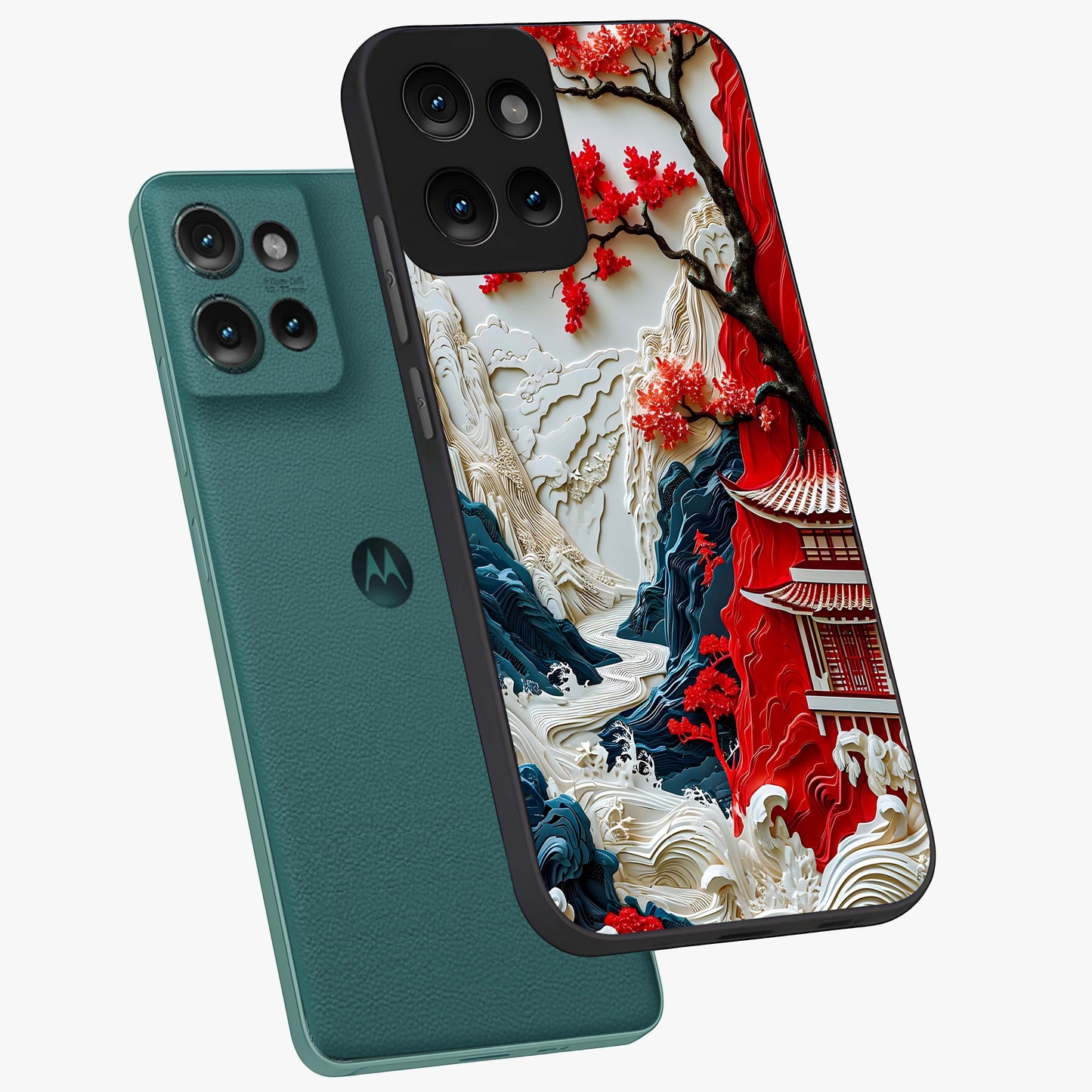 Whispers Of Sakura Waves Glass Case displayed in angled mockup highlighting flowing sakura design with soft floral aesthetic.