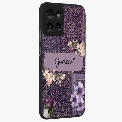 Antique Floral Whisper Custom Name Glass Case upright view showcasing delicate floral artwork with custom name feature.