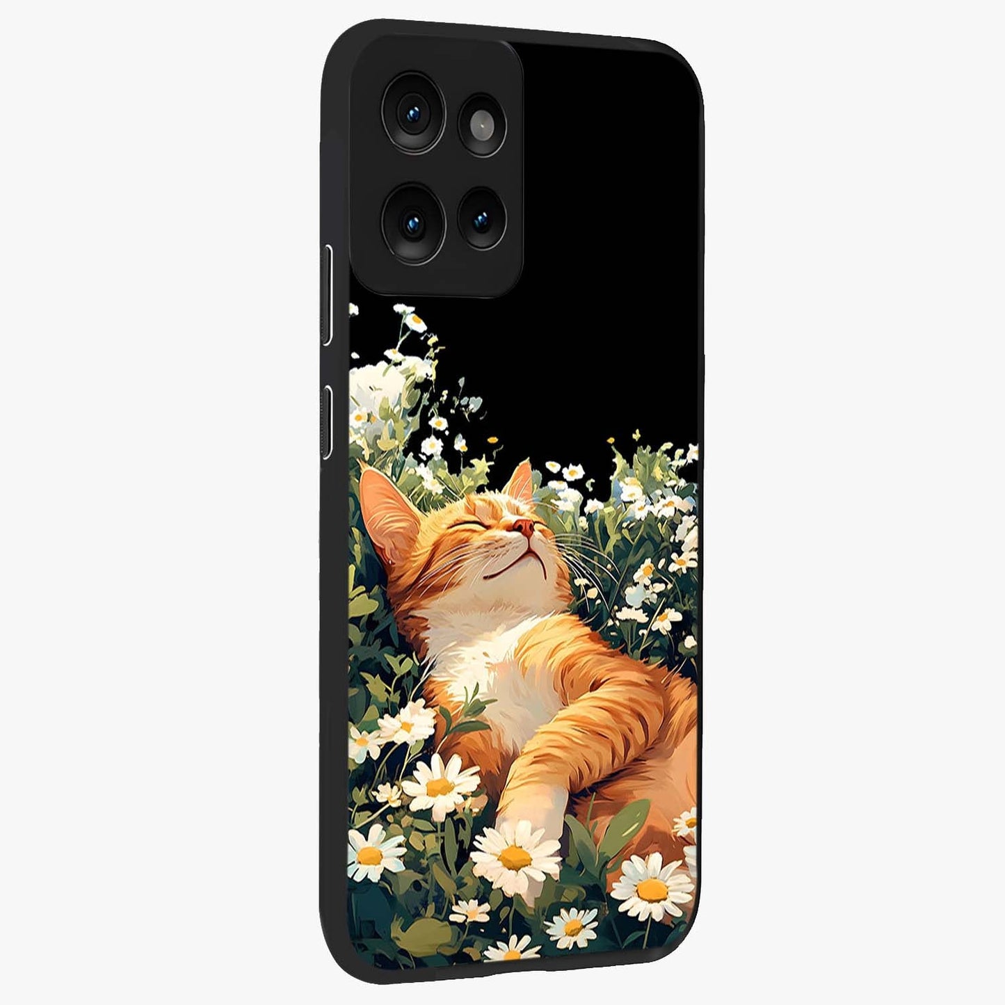 Blissful Bloom Cat Glass Case upright view showcasing charming cat design surrounded by blooming floral elements.