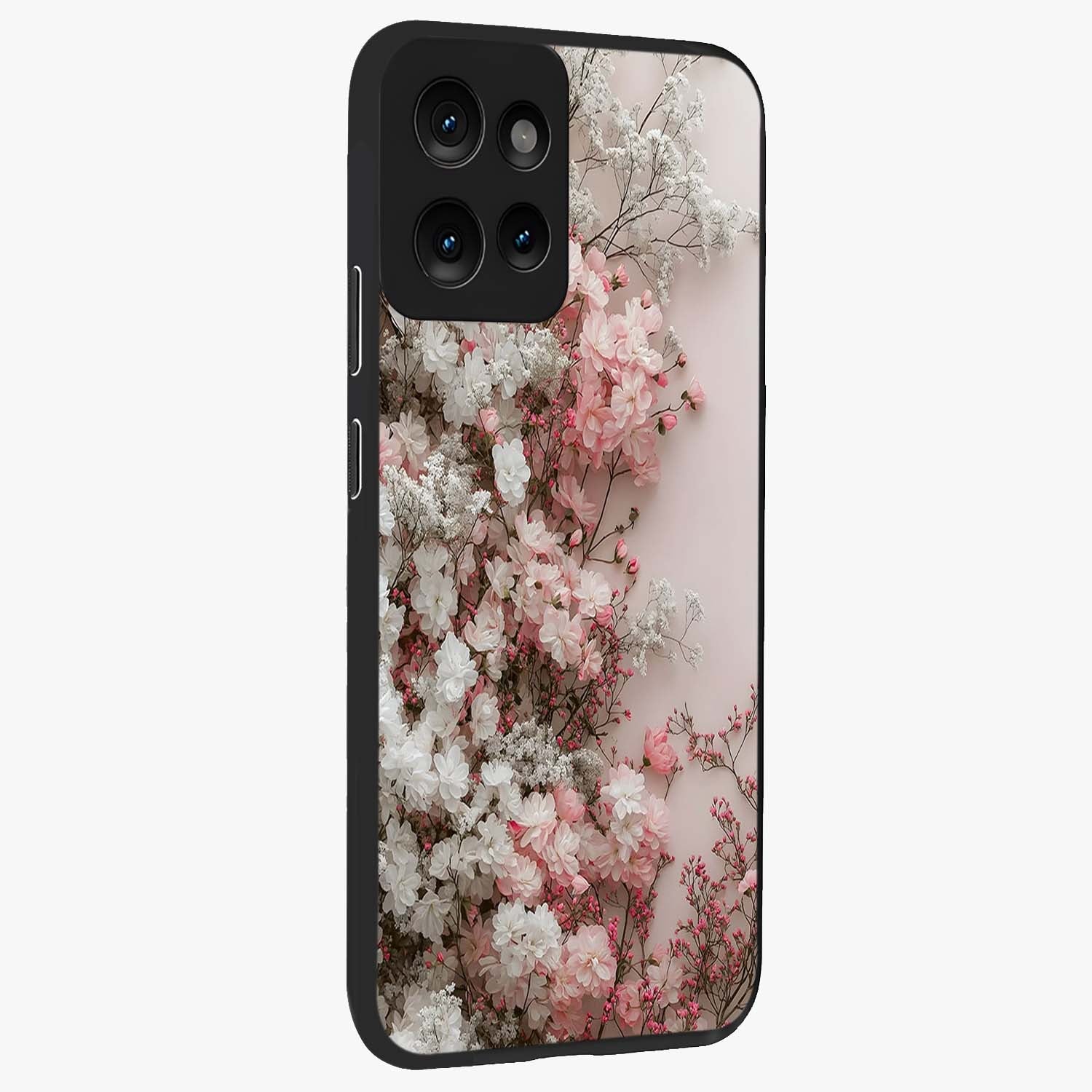 Blush Blossom Cloud Glass Case upright view showcasing calm floral cloud artwork with gentle dreamy theme.