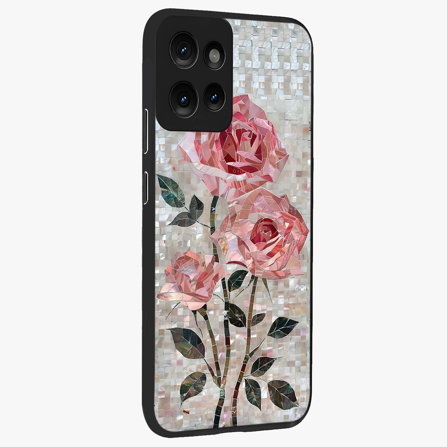 Blush Mosaic Bloom Glass Case upright view showcasing decorative floral mosaic artwork with stylish modern aesthetic.