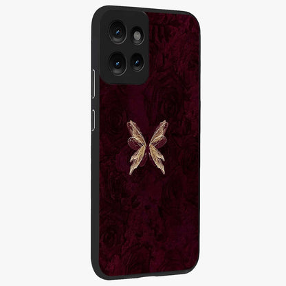 Crimson Fade Butterfly Glass Case upright view showcasing graceful butterfly artwork with soft crimson fade effect.