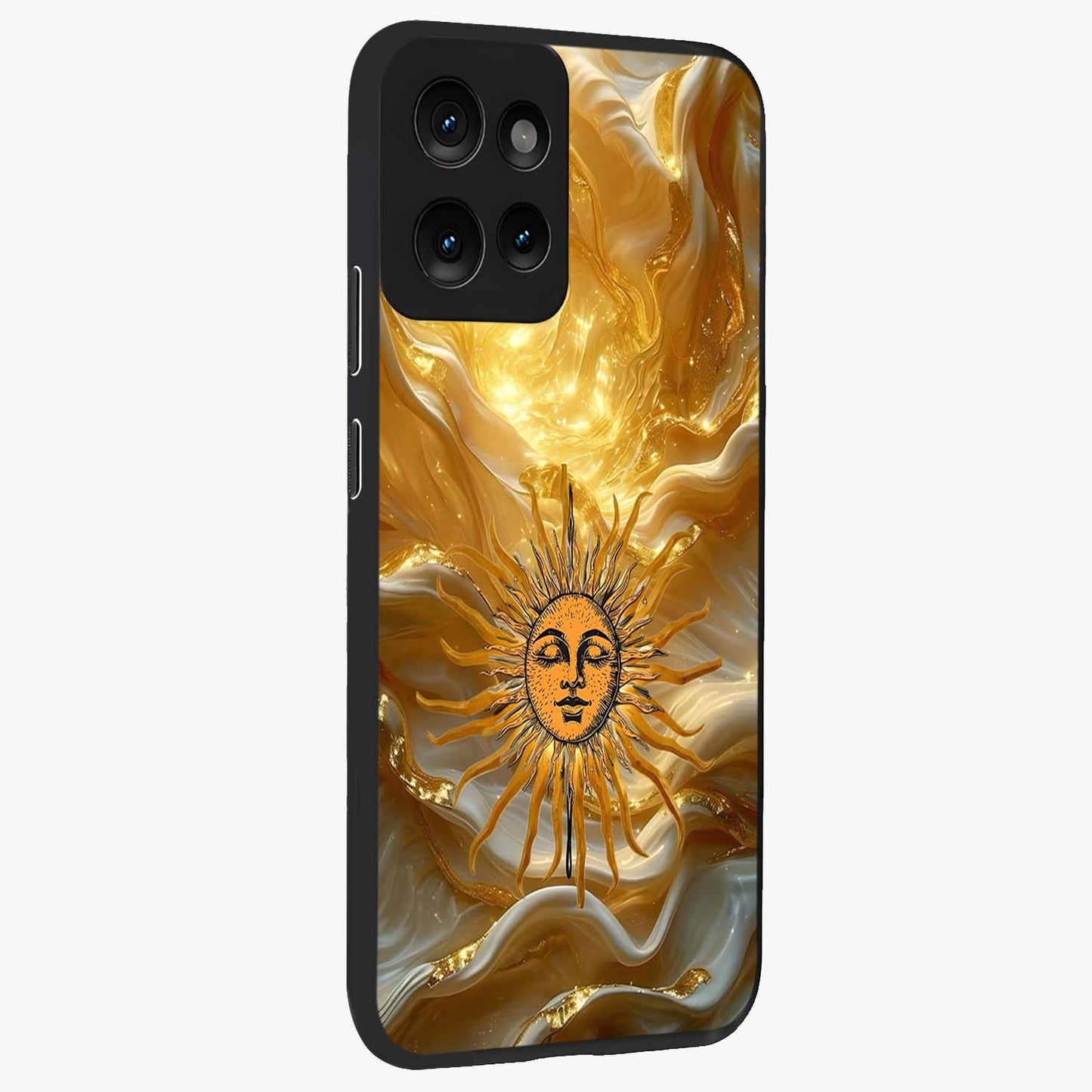 Eternal Golden Glow Glass Case upright view showcasing luminous golden artwork with luxurious visual theme.