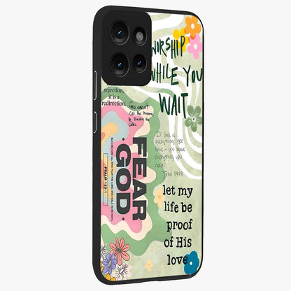 Faith Over Fear Glass Case upright view showcasing bold typography artwork with uplifting motivational theme.