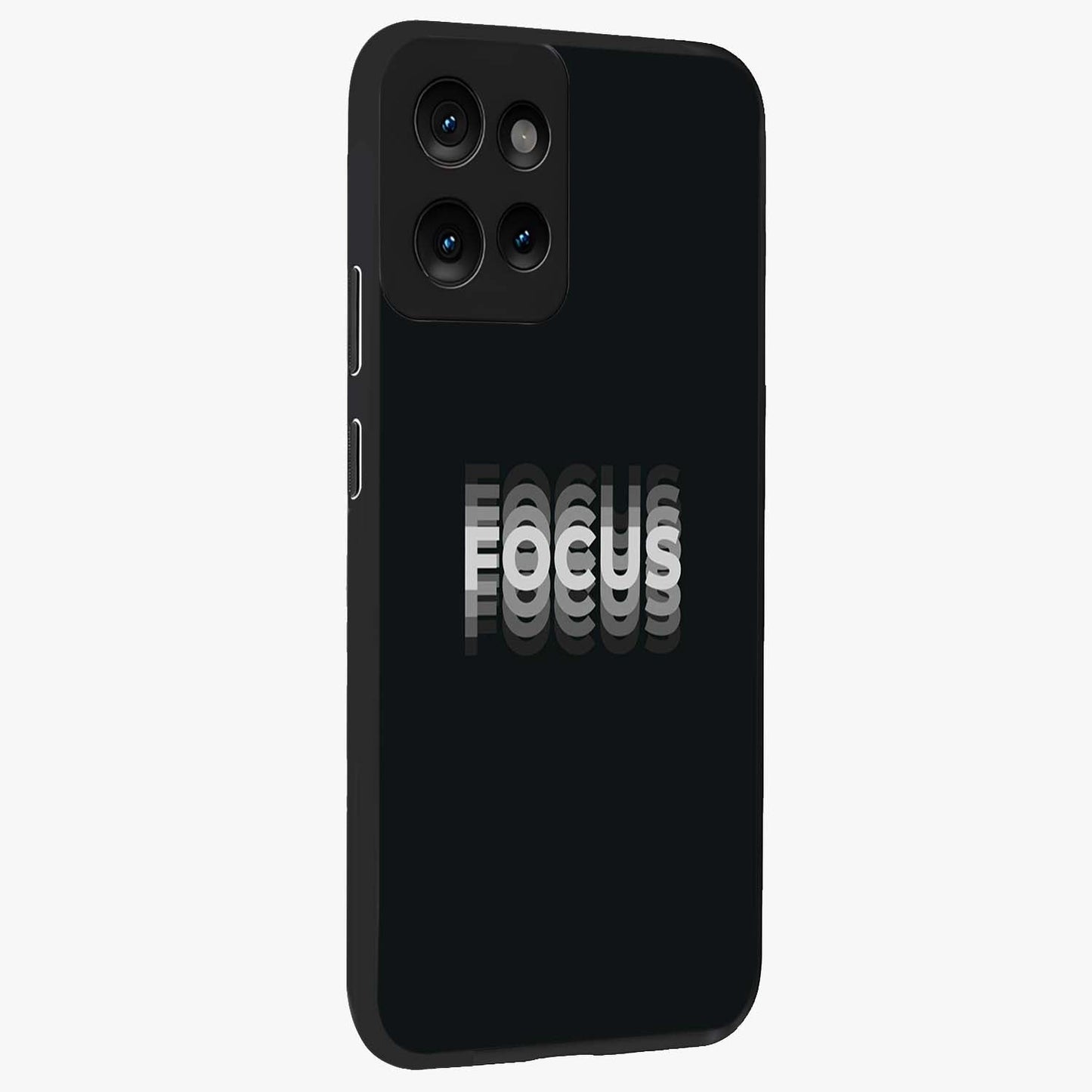 Focus Mode On Glass Case upright view showcasing strong typography statement with sleek motivational theme.