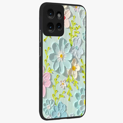 Frosted Petal Garden Glass Case upright view showcasing elegant floral garden artwork with soothing pastel theme.