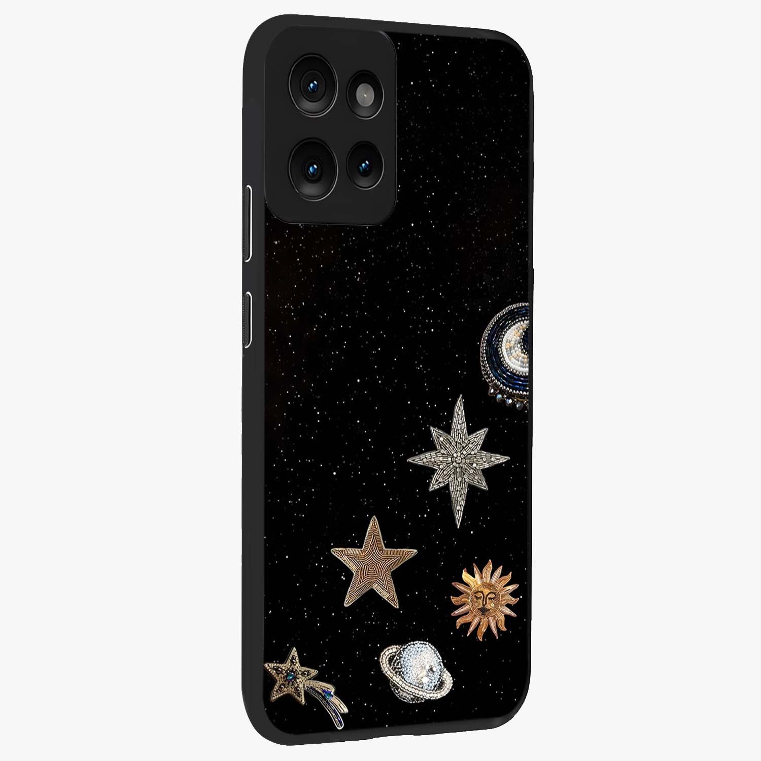 Galactic Charm Glow Glass Case upright view showcasing glowing cosmic charm artwork with magical celestial style.