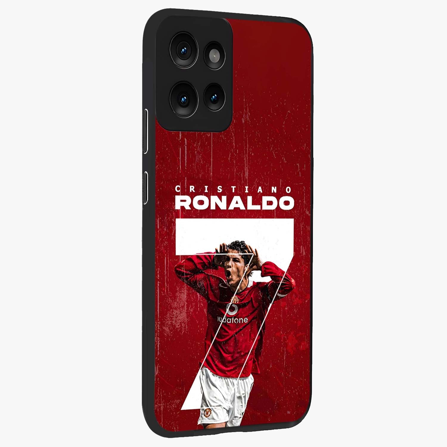 Goal Celebration Legacy Glass Case upright view showcasing dynamic football inspired artwork with victory celebration aesthetic.