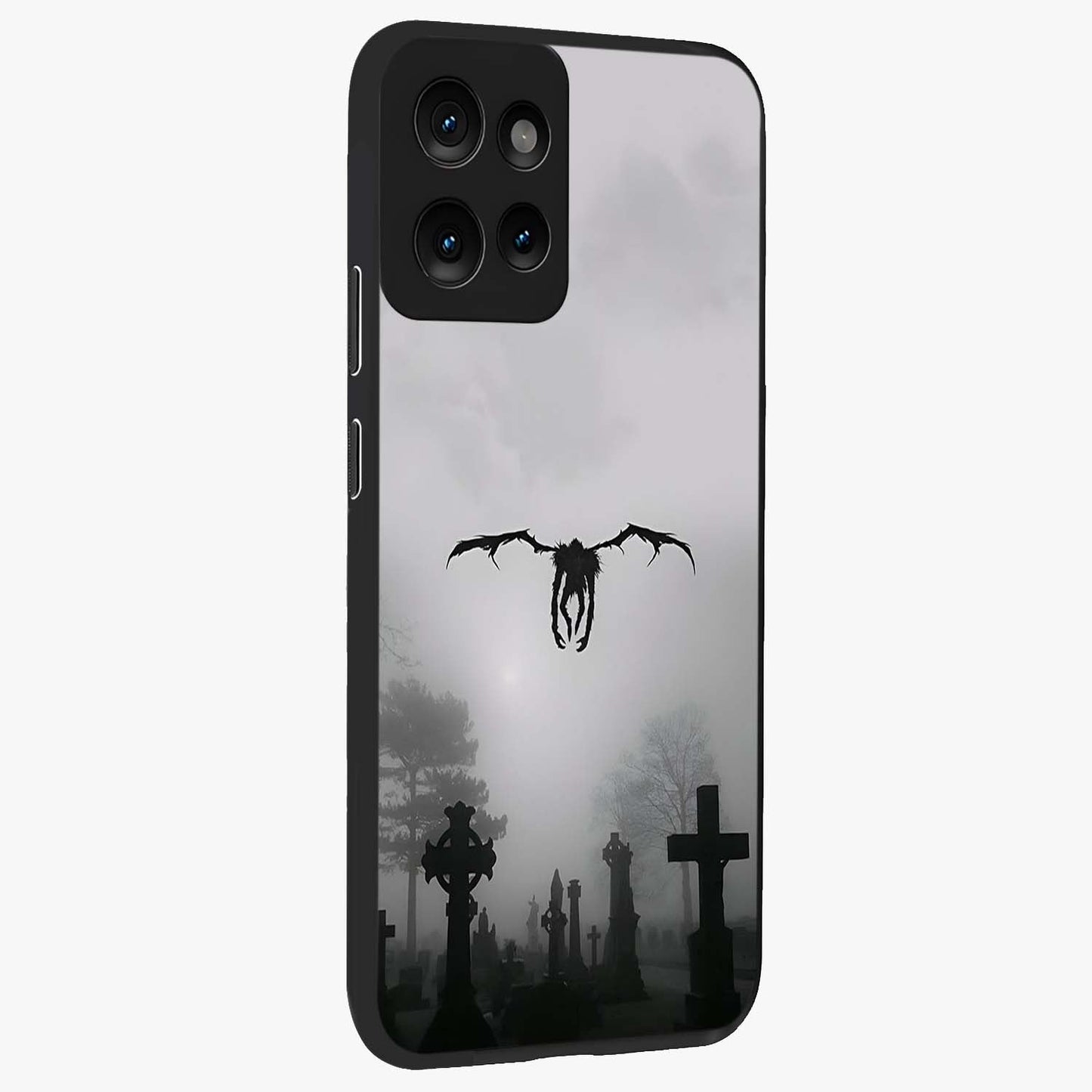 Graveyard Shadow Descent Glass Case upright view showcasing haunting graveyard artwork with dramatic dark theme.