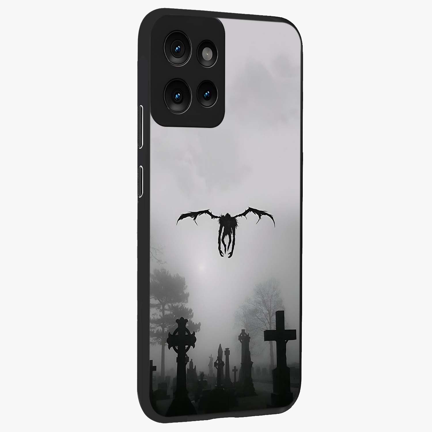 Graveyard Shadow Descent Glass Case upright view showcasing haunting graveyard artwork with dramatic dark theme.