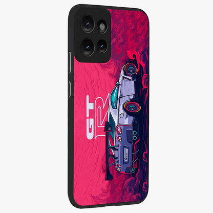 GT-R Car Pattern Glass Case upright view showcasing dynamic car pattern artwork with modern sports theme.