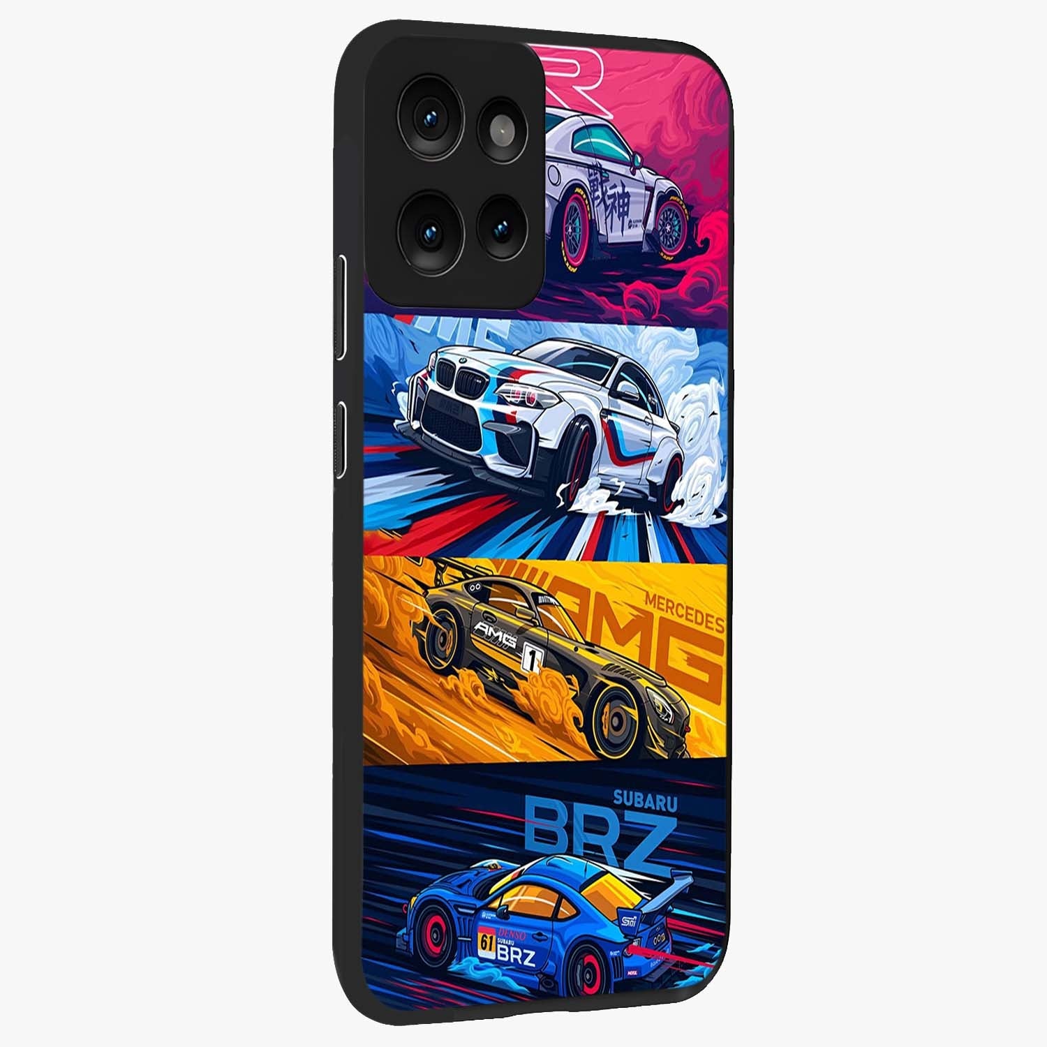 JDM Sports Car Glass Case upright view showcasing dynamic sports car artwork with bold racing theme.