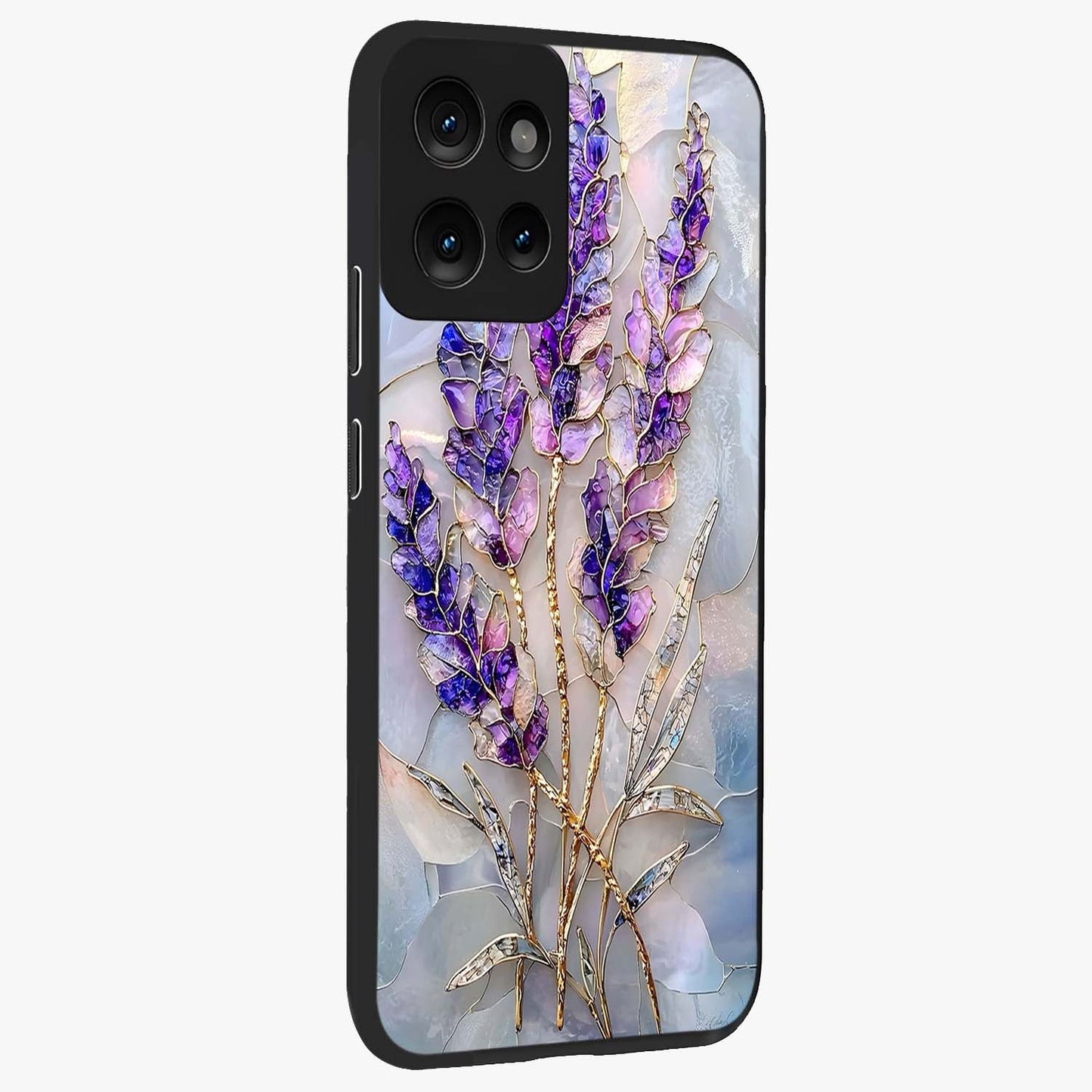 Lavender Dream Glow Glass Case upright view showcasing radiant lavender glow artwork with calming dreamy theme.
