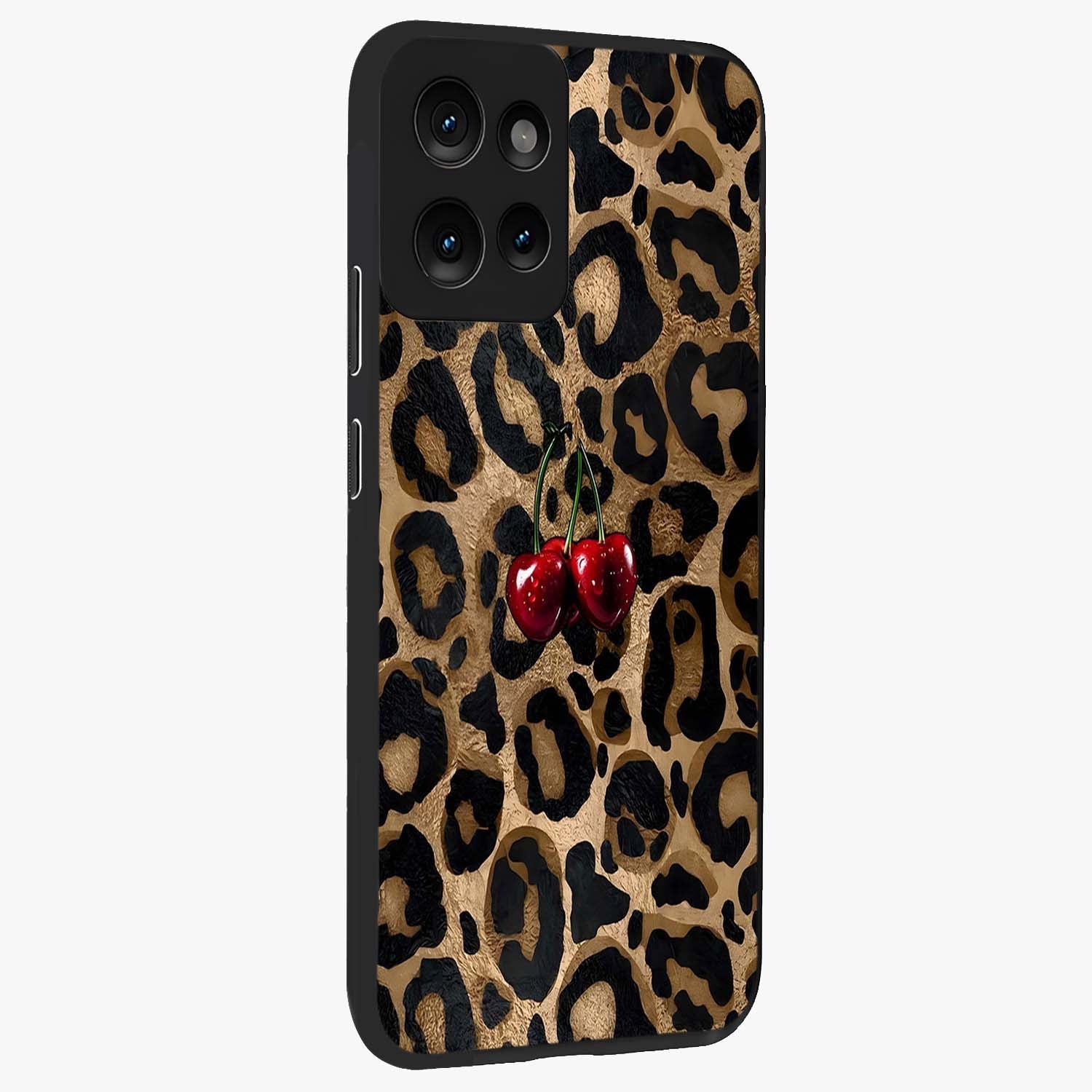 Leopard Wild Cherry Glass Case upright view showcasing stylish leopard pattern artwork with trendy fashion theme.