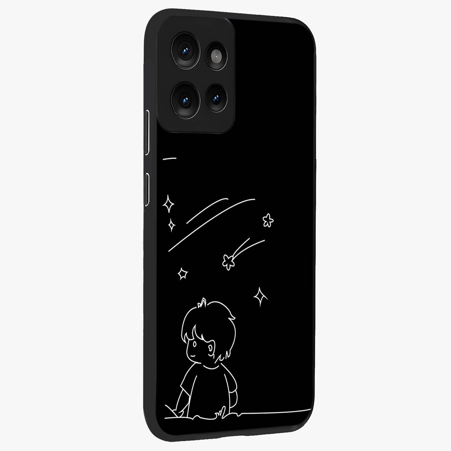 Line Art Boy With Shooting Stars Glass Case upright view showcasing artistic shooting star illustration with minimal style.