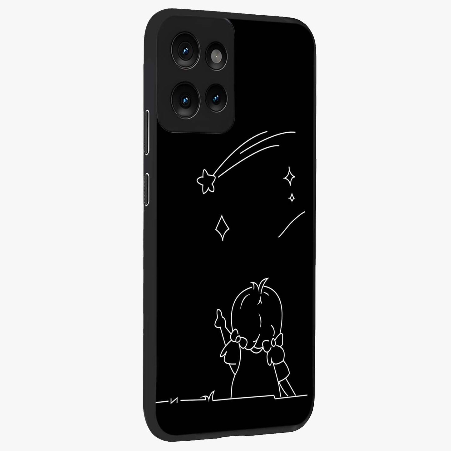 Line Art Girl With Shooting Stars Glass Case upright view showcasing delicate shooting stars artwork with minimal artistic theme.
