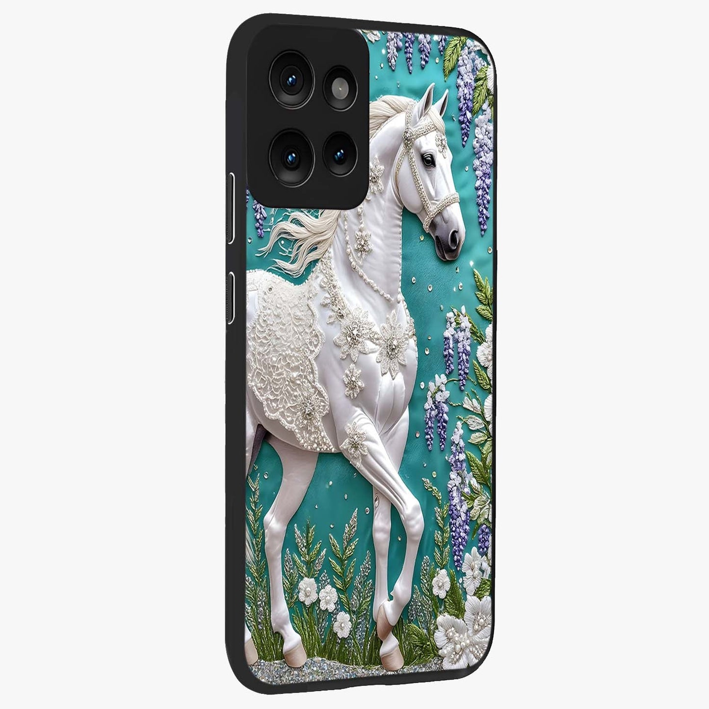 Majestic Floral Stallion Glass Case upright view showcasing dramatic horse artwork with decorative floral theme.