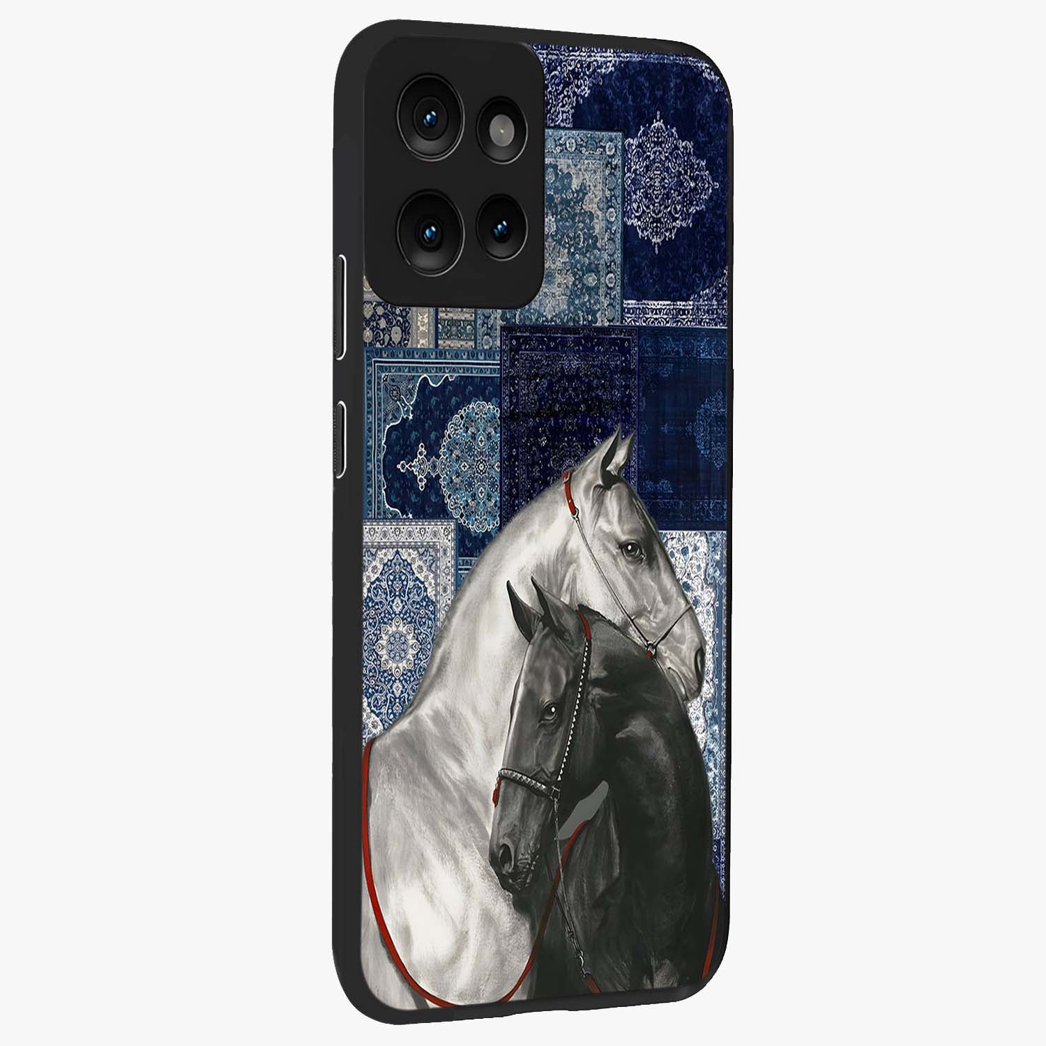 Midnight Stallion Blues Glass Case upright view showcasing dramatic horse artwork with bold artistic theme.