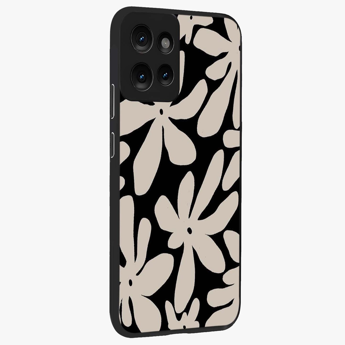 Monochrome Petal Dance Glass Case upright view showcasing artistic floral pattern with stylish monochrome theme.