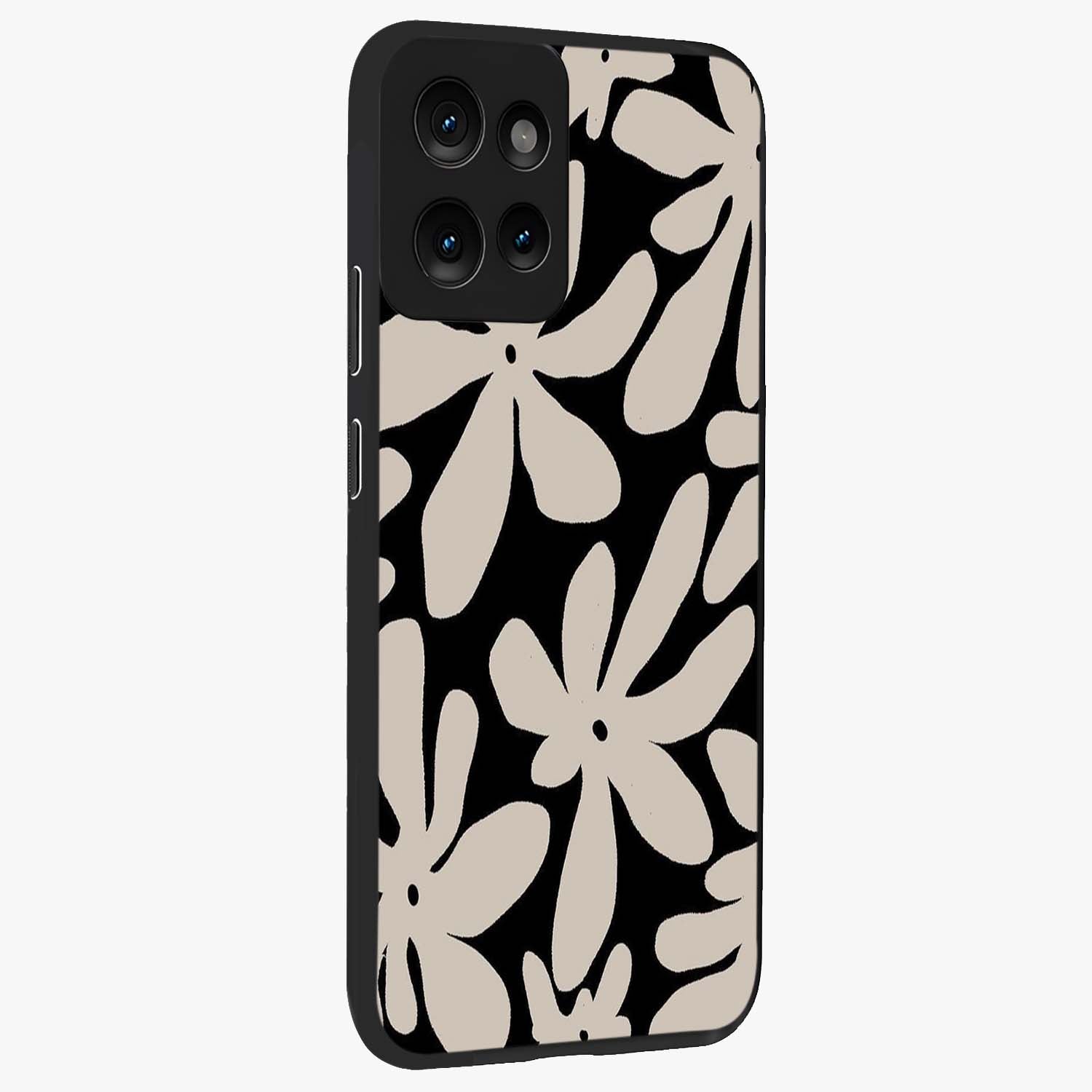 Monochrome Petal Dance Glass Case upright view showcasing artistic floral pattern with stylish monochrome theme.